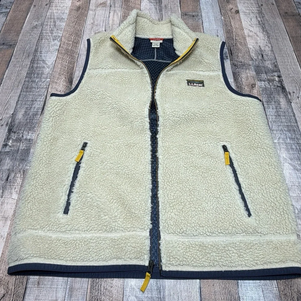 L.L.Bean Sherpa Fleece Vest Mens XL Ivory Full Zip Outdoor Hiking Camping Warm